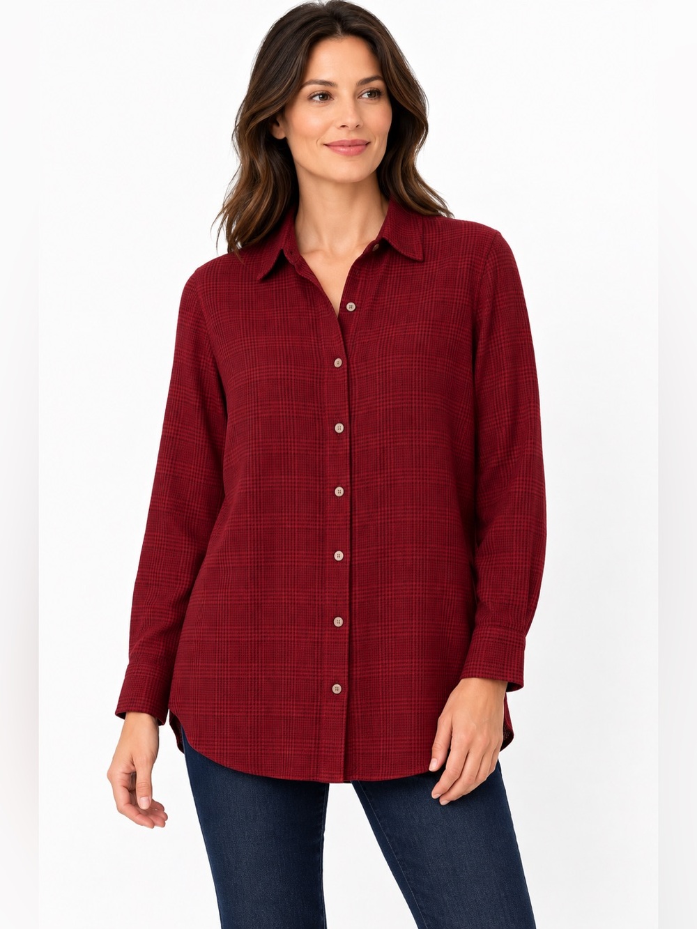J.Jill Red Black Plaid Houndstooth Button Down Tunic Blouse L
